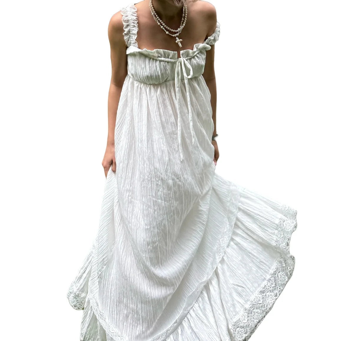 AIERTU  -  Women White Long Dress Lace Trim Tie-up V Neck Sleeveless Ruffle Loose Tank Dress for Evening Party Club Bohemian Summer Aiertu