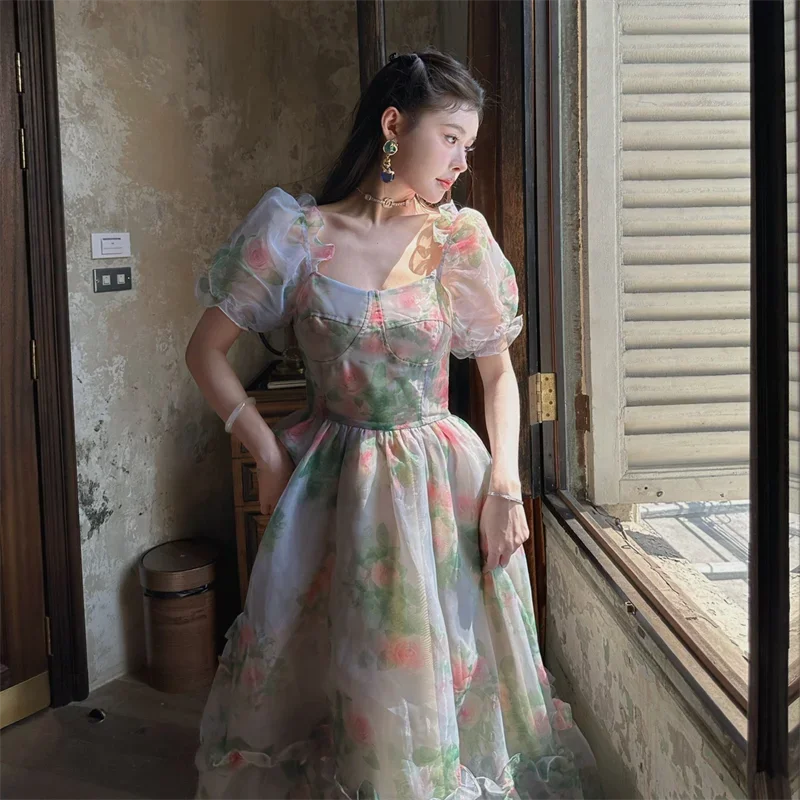 Aiertu Floral Print France Vintage Dress Women Tierred Designer Y2k Princess Sweet Midi Dress Female Korean Fashion Dress Summer 2024 Aiertu