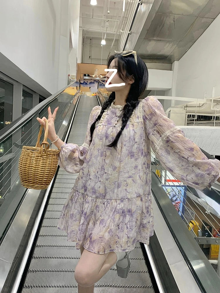 Aiertu French Vintage Y2k Mini Dress Women Long Sleeve Flroal Lace Dress Beach Style Korean Fashion Party Dress Office Lady Summer Aiertu