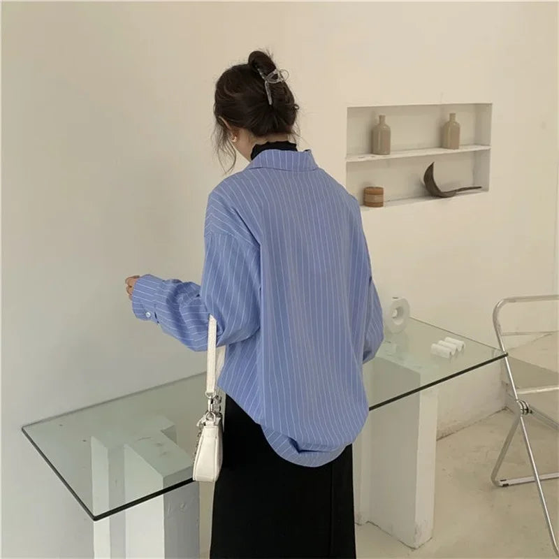Aiertu Shirts Women Blue Striped Loose Harajuku Long Sleeve Casual Spring Tops Students All-match Fashion Simple Korean Ulzzang Chic BF aiertu
