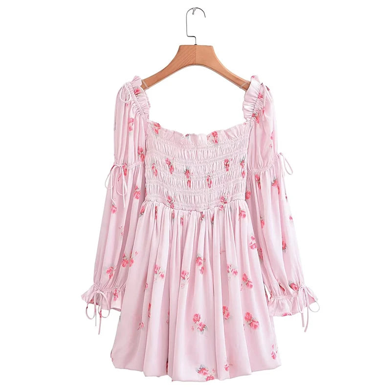 Aiertu Sweet Pink Floral Print Satin Sexy Off Shoulder Dress Women Long Sleeve Holiday Party Mini Dresses Princess Fairy Robe Aiertu