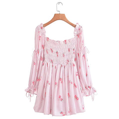 Aiertu Sweet Pink Floral Print Satin Sexy Off Shoulder Dress Women Long Sleeve Holiday Party Mini Dresses Princess Fairy Robe Aiertu