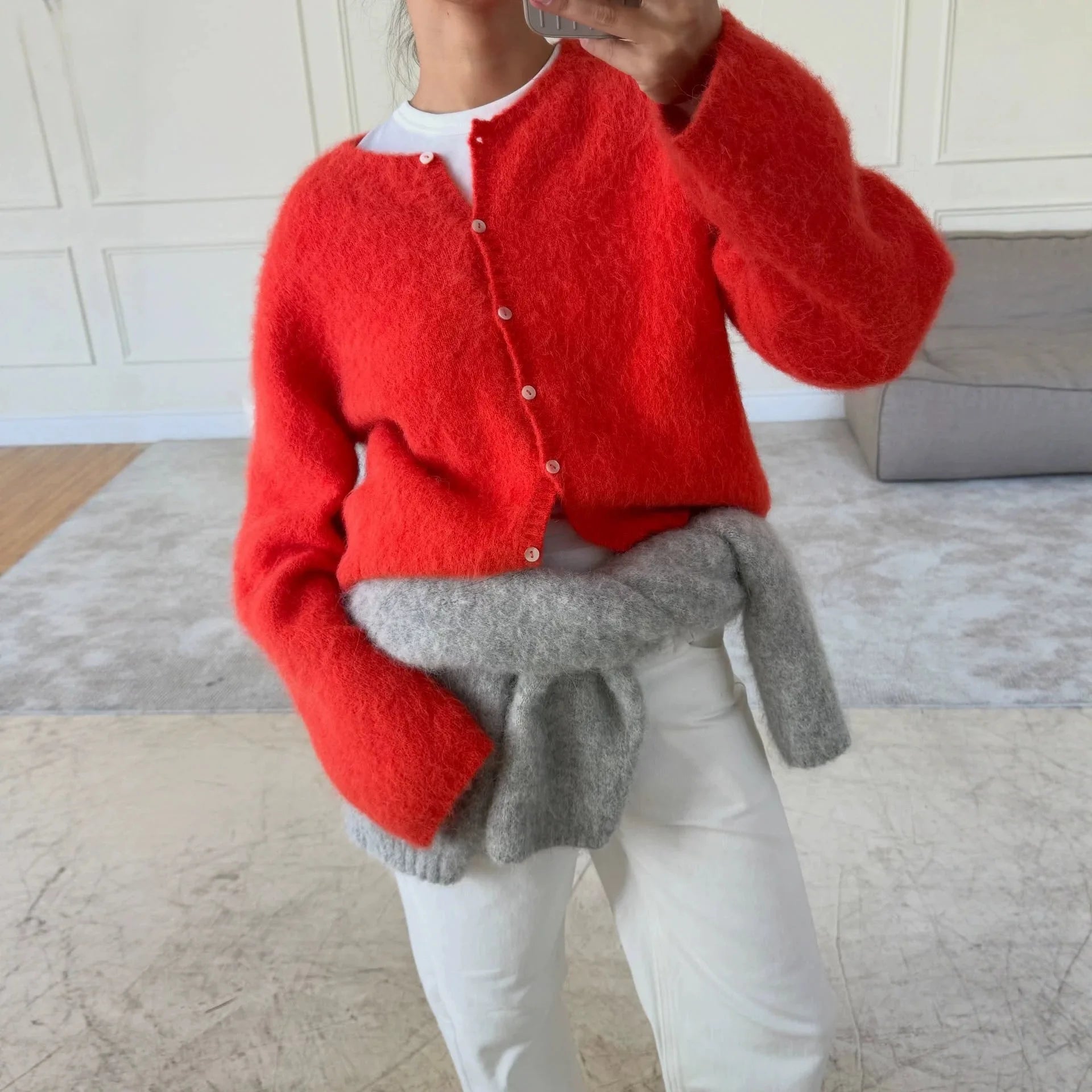 AIERTU  -  New Lazy Style Wool Cardigan Women's Spring and Autumn Loose Round Neck Knitted Short Jacket Soft Long Sleeved Sweater Aiertu