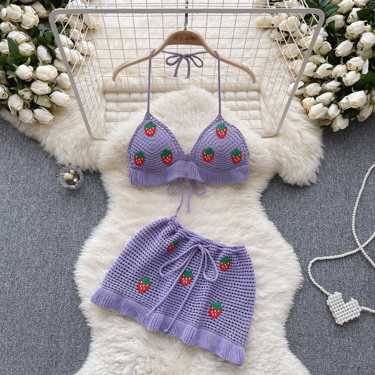Aiertu  Strawberry Sweet Beach Two Pieces Sets Halter Backless Camis+Short Skirts Fashion Hook Flower Hollow Out Beach Suits Aiertu