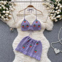 Aiertu  Strawberry Sweet Beach Two Pieces Sets Halter Backless Camis+Short Skirts Fashion Hook Flower Hollow Out Beach Suits Aiertu