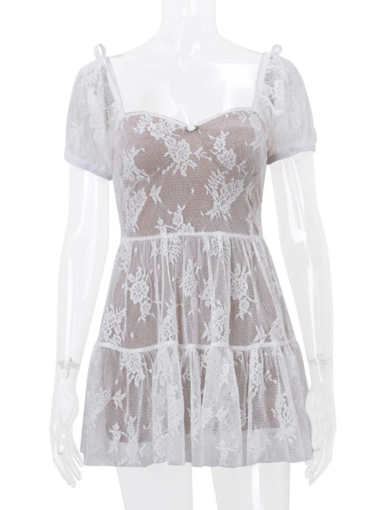Aiertu 2024 Summer Lace Coquette Sexy  Puff Sleeve Mini Dress Women Sweet Girls Retro Elegant Party Short Dresses Aiertu