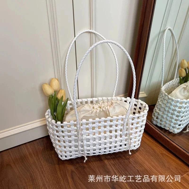 AIERTU  -  Handmade Woven Straw Handbag Portable Crochet Cabbage Basket Beach Vacation Travel Daily Commute Summer Shoulder Bag 30x13x16cm Aiertu