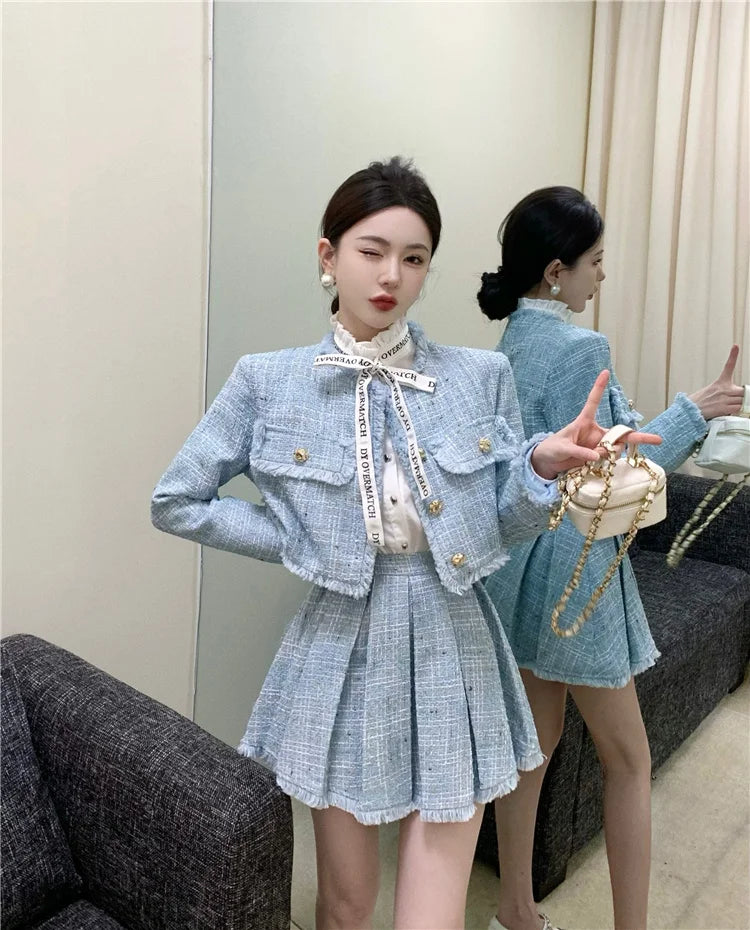 Aiertu High Quality Fashion Tassel Design Small Fragrance 2 Piece Sets Women Outfit Long Sleeve Short Jacket Coat + Pleated Skirt Suits Aiertu
