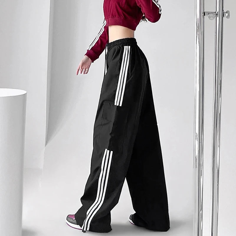 Aiertu Striped Sweatpants Women Hip Hop Streetwear Baggy Wide Leg Cargo Pants Bf Y2K High Waist Drawstring Joggers Trousers Aiertu