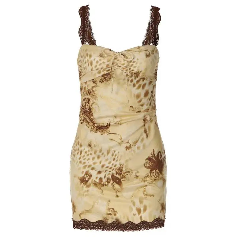 AIERTU  -  Retro Print Hip Hugging Short Skirt Women Lace Camisole Strapless Summer Sexy Slim Fit Backless Bow Tie Fashionable Sweet Dress Aiertu