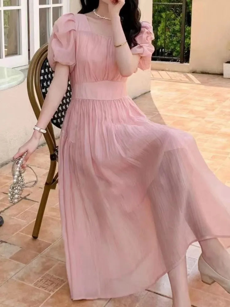 Aiertu Elegant and Chic Women Solid Summer Dress Vintage A-Line Short Sleeve Party Prom Dresses Female Clothes Long Robe New Aiertu