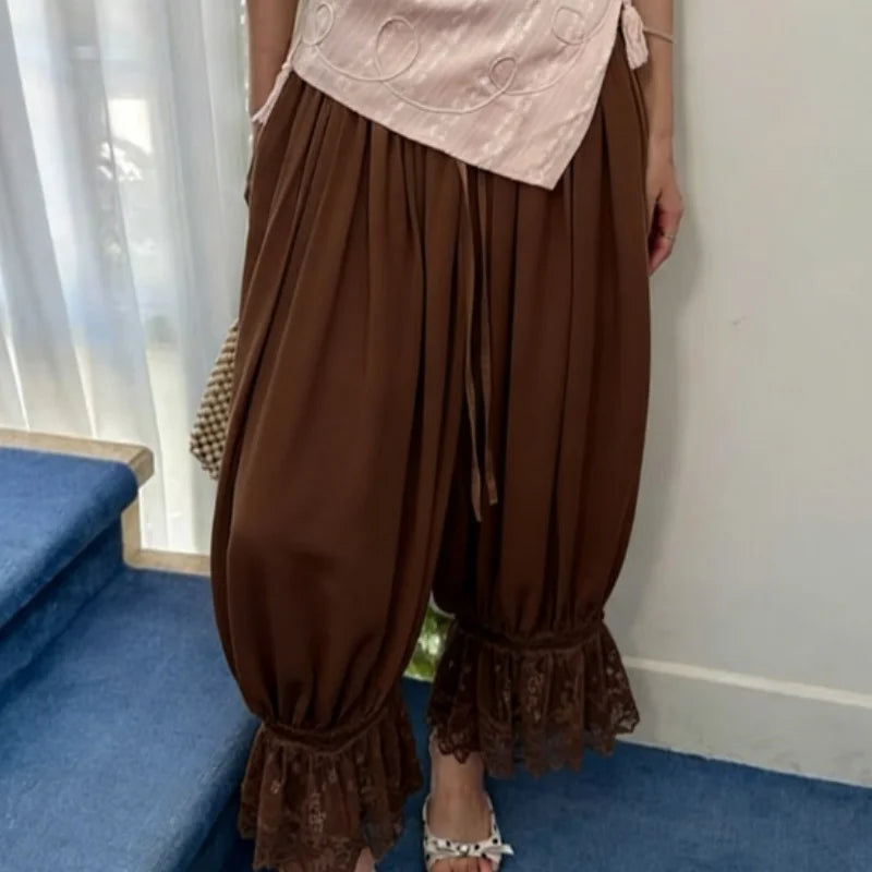 AIERTU  -  Women 2000s Fairycore Boho Lace Trim Hem Bloomers Solid Elastic Mid Rise Ruffle Cropped Flared Slips Pants Bottoms Streetwear Aiertu