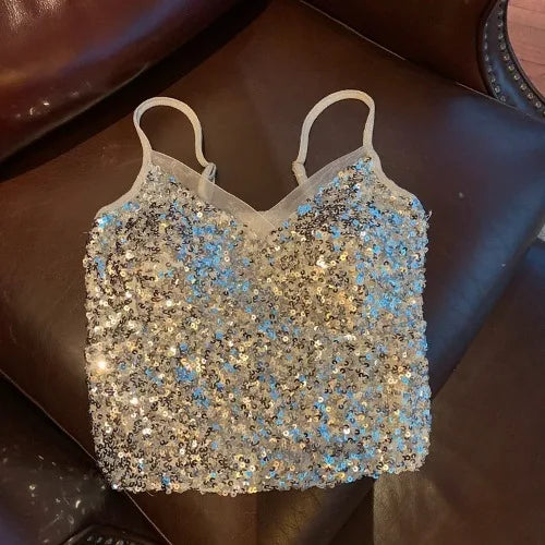 Sexy Sequin Party spaghetti Croset Bustier backless Slim Tanks and Camis Strap Glitter Crop Top Fashion Summer Women Clothes Y2k Aiertu