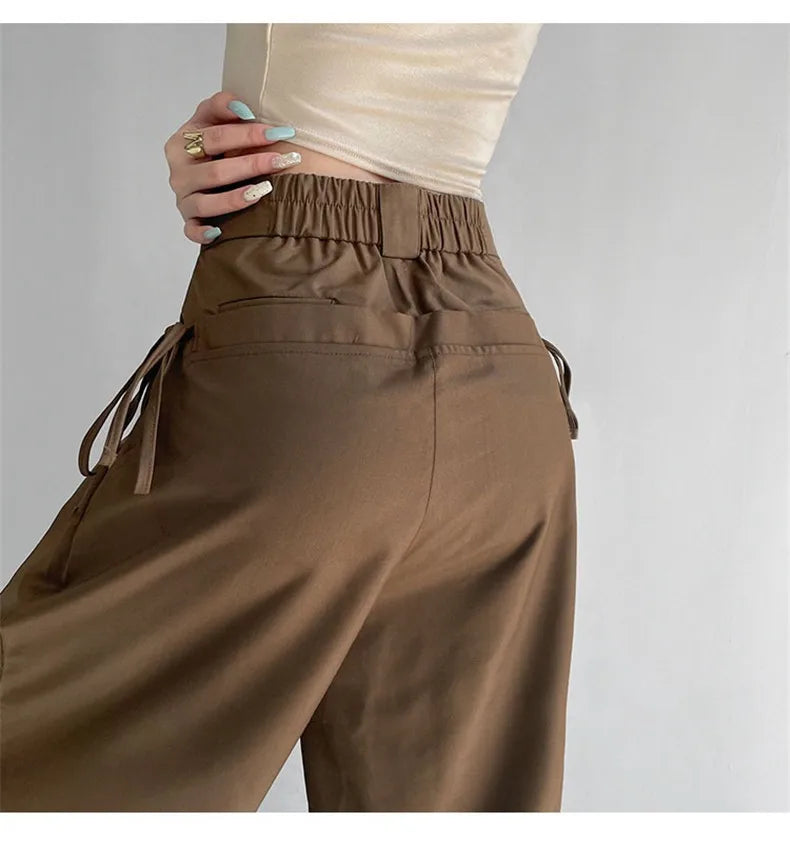Aiertu Summer Japan Casual Style Solid Color High Waist Wide Leg Suit Pants Women's Fashion Loose Lace-up Full Length Trousers Aiertu