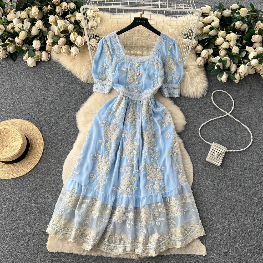 Aiertu  High Quality Lace Embroidery Long Dress Women Short Sleeves Mesh A Line Sundress French Vintage Floral Midi Dress Aiertu