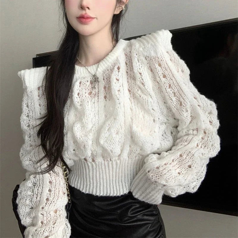Chic Knitted Sweater Women Hollow Long Sleeved Slim Fall Pullover Elegant O-Neck Vintage Solid Twist Harajuku Cropped Jumpers Aiertu