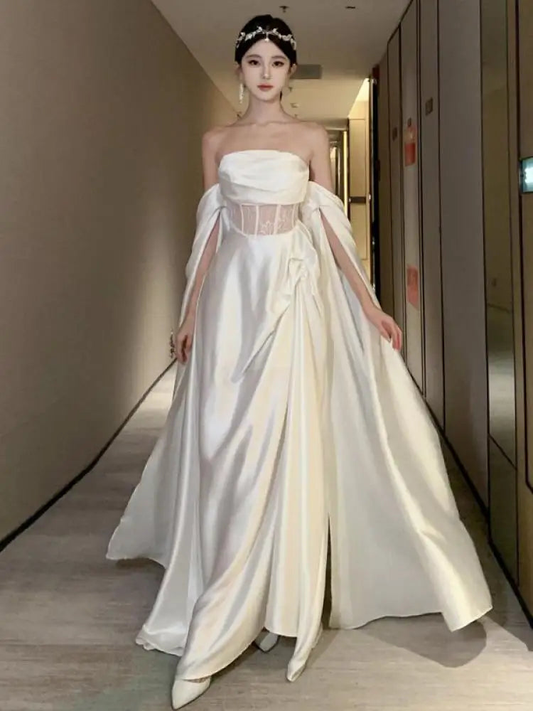 Aiertu Retro White Lace High Waist Off Shoulder Strapless Long Dress Women Sleeveless Backless Pleated Party Evening Dresses Summer New Aiertu