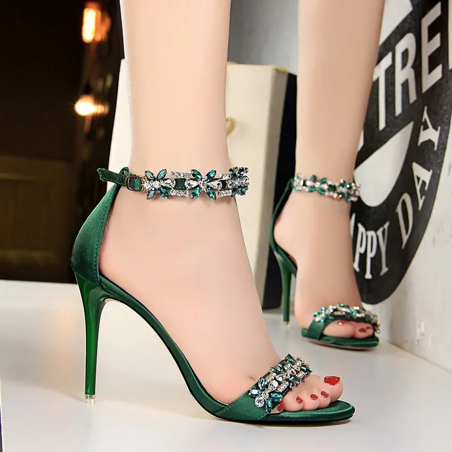 Aiertu Women Fetish 9cm High Heels Crystal Designer Sandals Lady Silk Wedding Bridal Heels Glitter Rhinestone Flower Satin Strap Shoes Aiertu