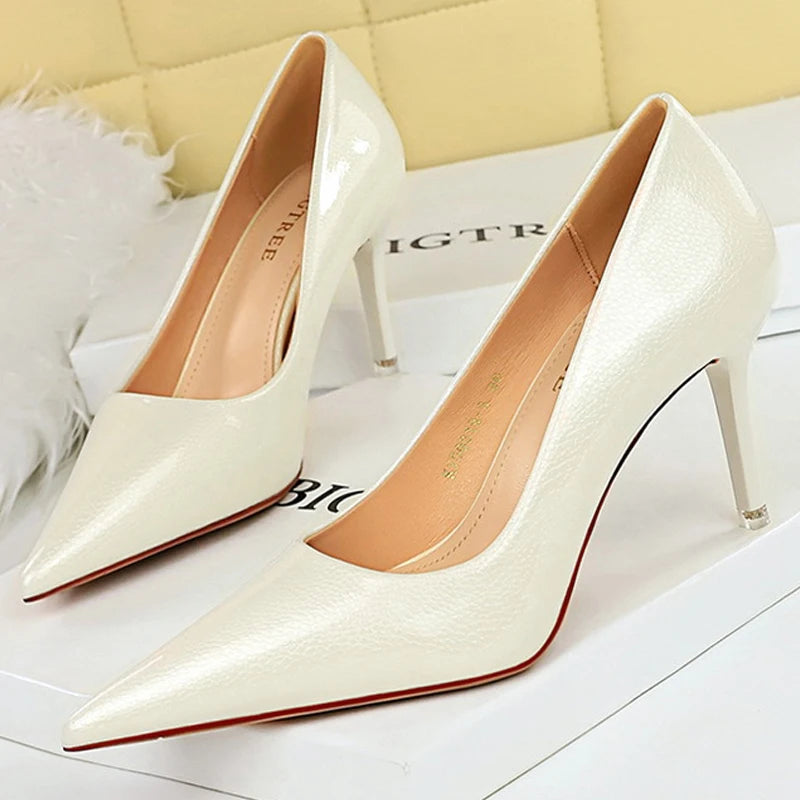 Shoes Crystal Patent Leather Women Pumps Pointed High Heels Women Shoes Stilettos Kitten Heels Female Shoes Plus Size 43 Aiertu