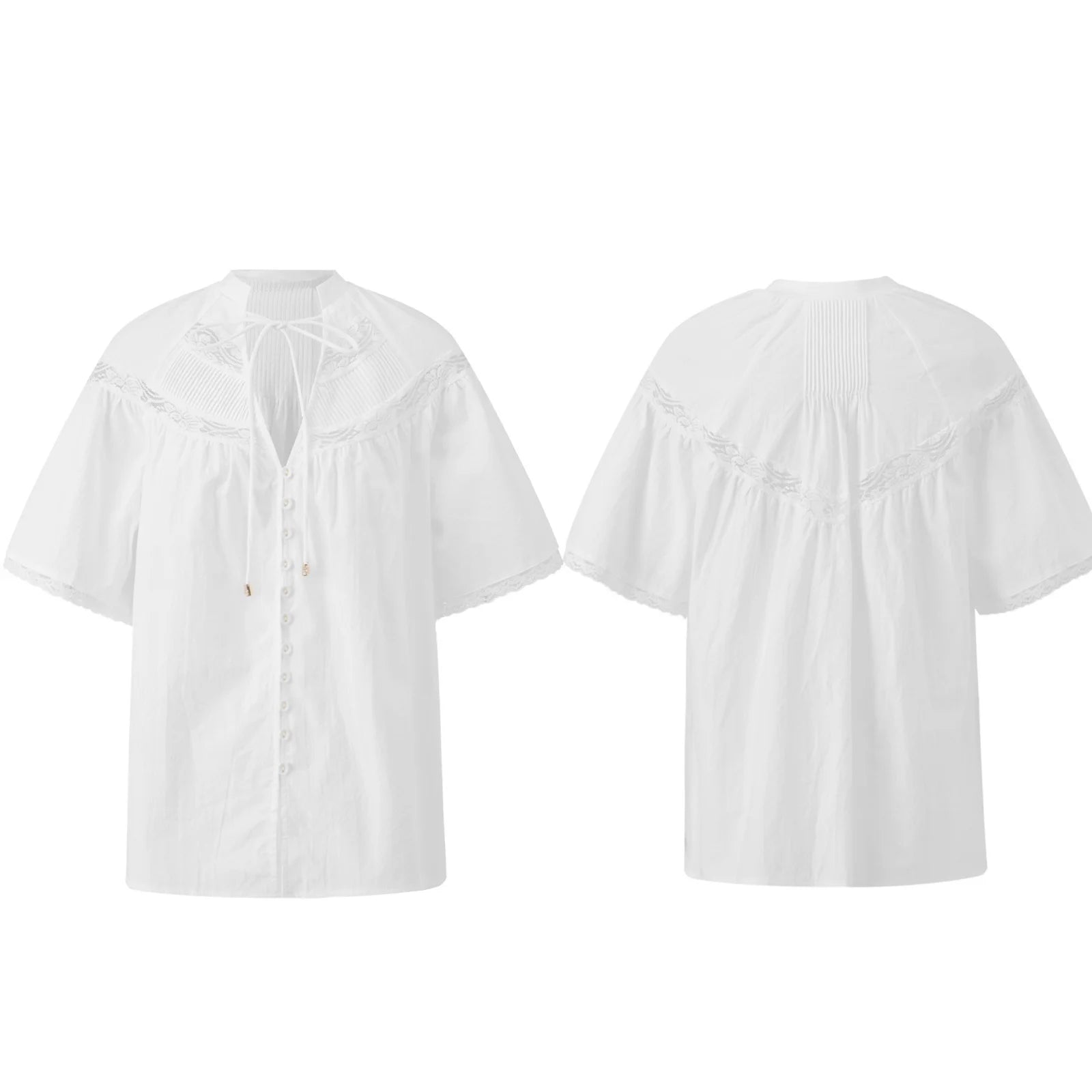 AIERTU  -  Women's Lace Trim Blouse Short Sleeve V Neck Button Up Loose Fit Sheer Tops Summer Casual Daily Out Going White Shirts Aiertu