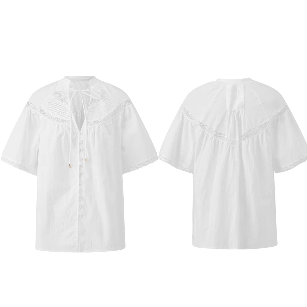 AIERTU  -  Women's Lace Trim Blouse Short Sleeve V Neck Button Up Loose Fit Sheer Tops Summer Casual Daily Out Going White Shirts Aiertu