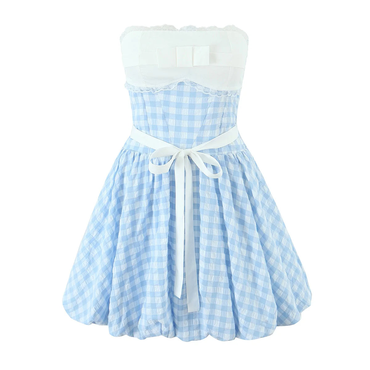 AIERTU  -  Blue Gingham Halter Mini Dress Women Y2K Ruffle Bustier Puff Balloon Hem Party Dress Aiertu