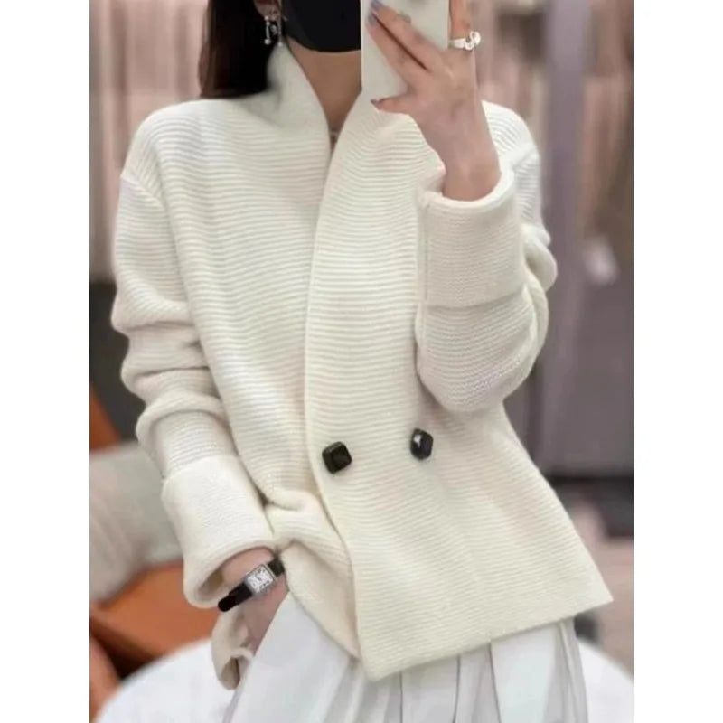 European 100% cashmere knitted cardigan coat Female autumn and winter temperament  loose wool sweater coat Aiertu