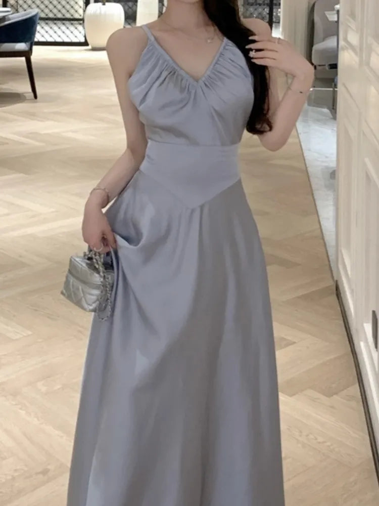 Aiertu Sleeveless Casual Women Summer Halter Midi Dress Satin A-Line Solid Chic Party Sexy Evening Club Birthday Clothes Female Vestido Aiertu