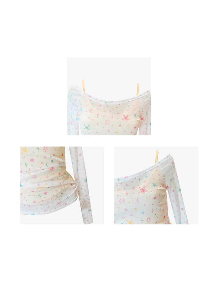 Aiertu Women White Star Print T-shirt Harajuku Korean Y2k Tee Top 90s Aesthetic 2000s Fashion Vintage Slim Fashion T-shirt Clothes 2024 Aiertu