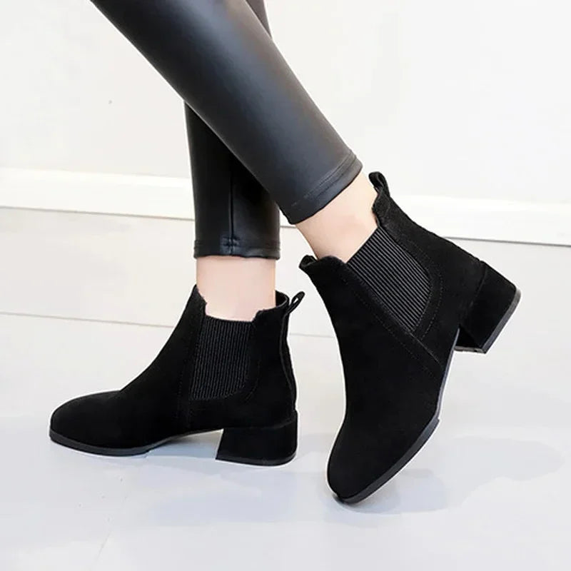Women  Ankle Boots Autumn Winter  Boots Slip-on Round Toe 3.5cm Square Heel Solid Casual Black Camel Booties Size 35-43 Aiertu