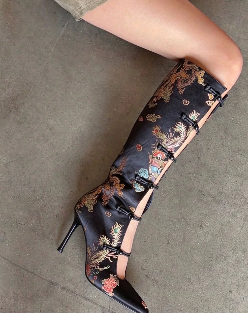 AIERTU  -  Retro Chinese Style Satin Pointed-Toe Knee Boots Brocade Embroidery Stiletto Heels Cutouts Design Unique Footwear Aiertu