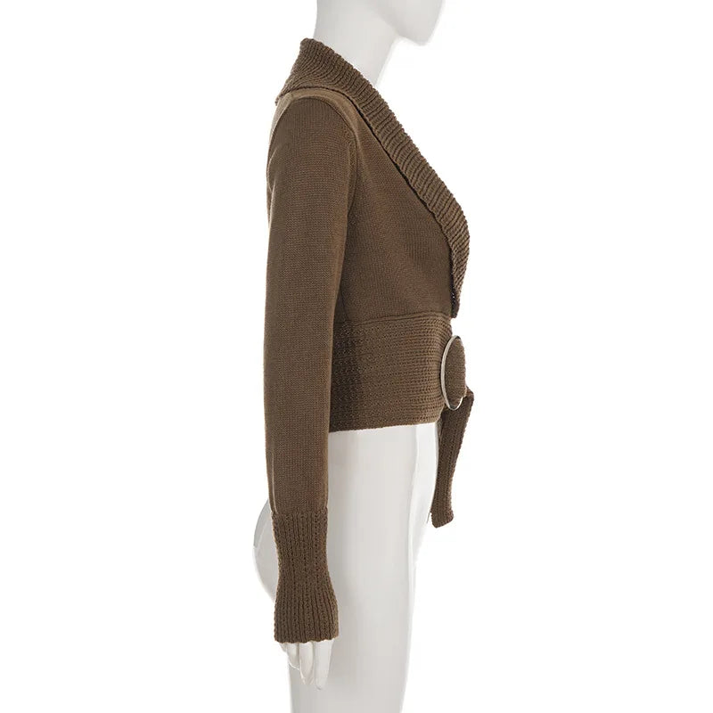 AIERTU  -  Brown Chunky Knit Shawl Collar Cardigan Long Sleeve Cropped Open Front Belted Daily Casual Streetwear Chunky Rib Cardigan Aiertu