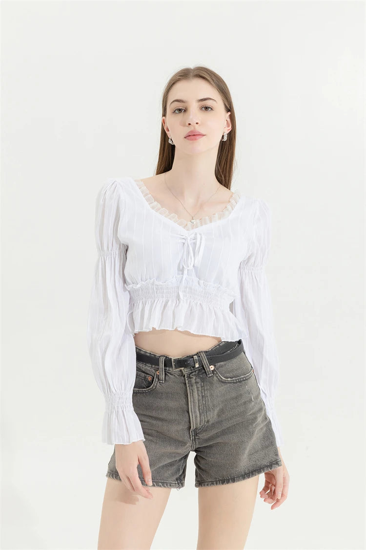 Aiertu French Pleated Lantern Long Sleeve Shirt For Women's 2022 Spring And Autumn New Vintage White Square Collar Blouse Tops Female Aiertu