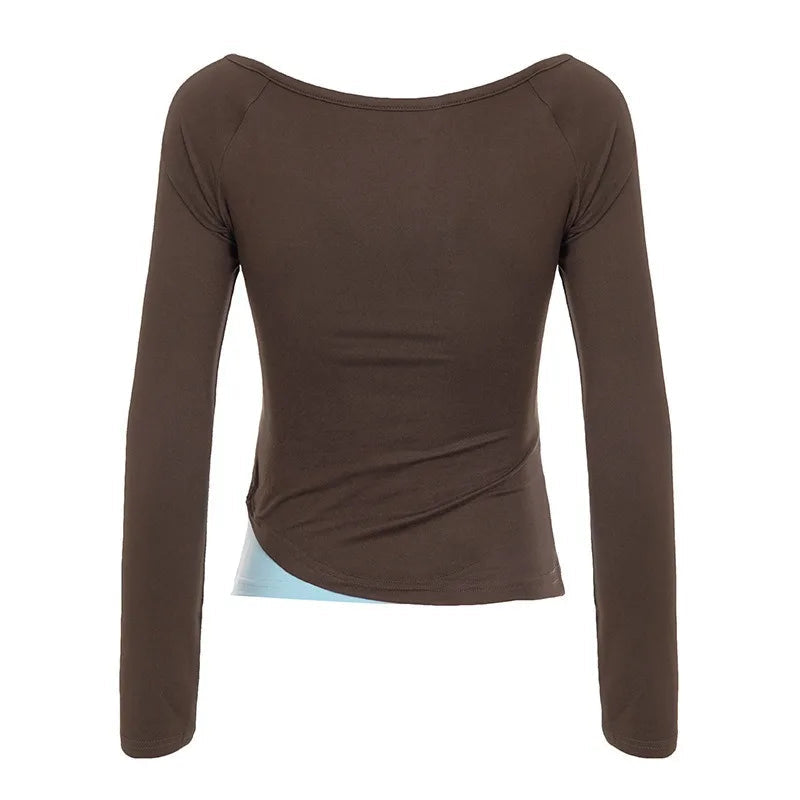 AIERTU  -  Spring Fake Two Big V-neck T-shirt Tight Spice Girl Temperament Retro Long-sleeved Top Aiertu
