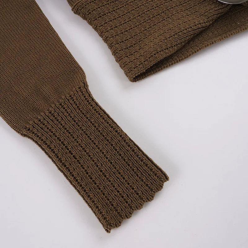 AIERTU  -  Brown Chunky Knit Shawl Collar Cardigan Long Sleeve Cropped Open Front Belted Daily Casual Streetwear Chunky Rib Cardigan Aiertu