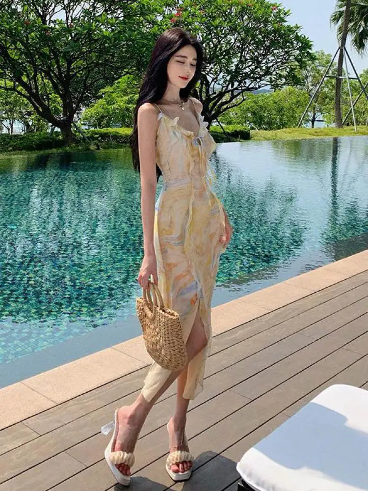 Aiertu Summer Retro Elegant Korean Sweet Yellow Print Ruffles Lace Up Dress Women V-neck Sleeveless Party Fairy Princess Clothes French Aiertu