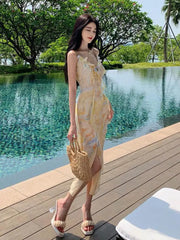 Aiertu Summer Retro Elegant Korean Sweet Yellow Print Ruffles Lace Up Dress Women V-neck Sleeveless Party Fairy Princess Clothes French Aiertu