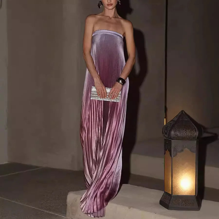 AIERTU  -  New Women's Gradient Color Tube Top Dress Sleeveless Pleated High Waist Midi Dress Party Club Streetwear Fashion Outfit Aiertu