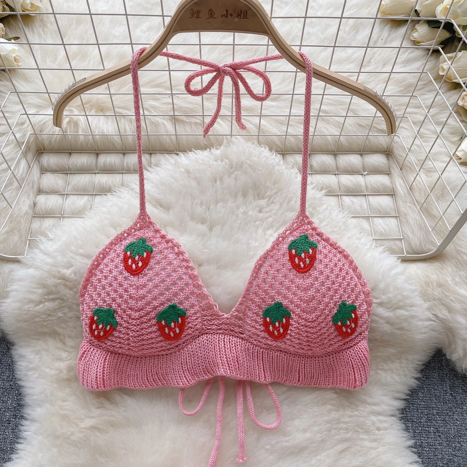 Aiertu  Strawberry Sweet Beach Two Pieces Sets Halter Backless Camis+Short Skirts Fashion Hook Flower Hollow Out Beach Suits Aiertu