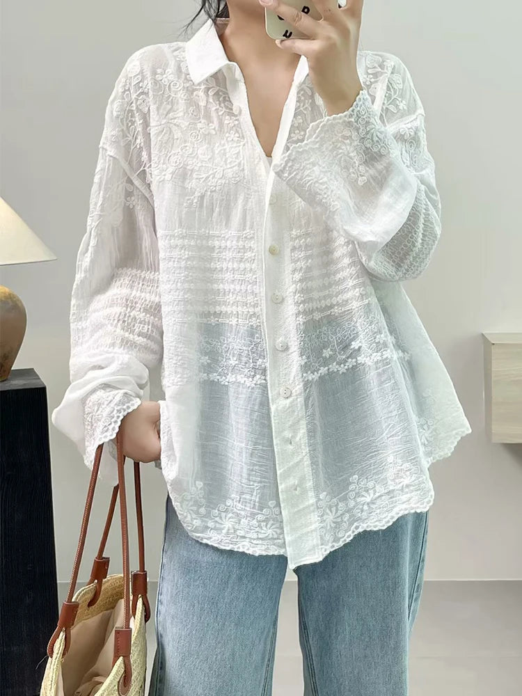 Cotton Floral Embroidery Long Sleeve Loose Tunic Shirt Vintage Retro Chic Rococo Victorian Edwardian Classy Youth Blouse Smock Aiertu