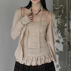 AIERTU  -  2 Pieces Cardigans Korean Fashion Spring Autumn Polka Dot Sweet Woman Sweaters Ruffles Vintage Sueteres Mujer Aiertu