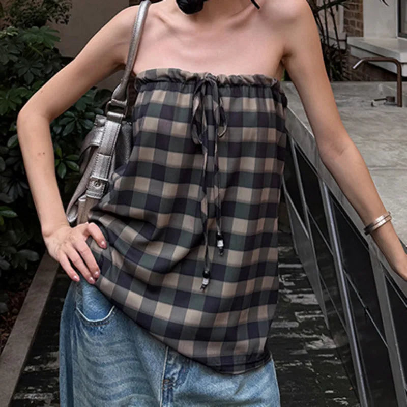 AIERTU  -  Checkered Lace Up Strapless Vest Backless Pure Cotton Drawstring Top Women Retro Sexy Loose And Personality Fashionable Casual Aiertu