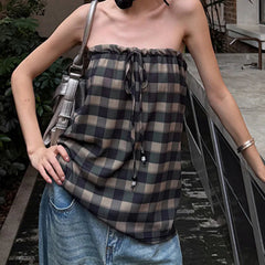 AIERTU  -  Checkered Lace Up Strapless Vest Backless Pure Cotton Drawstring Top Women Retro Sexy Loose And Personality Fashionable Casual Aiertu