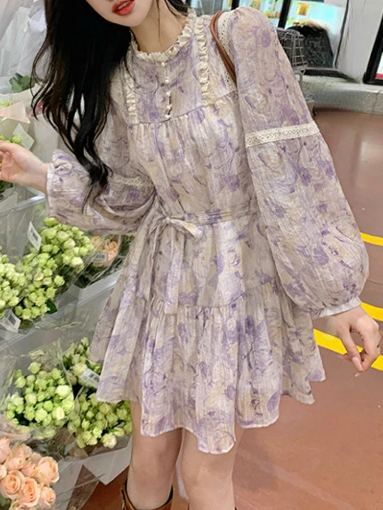 Aiertu French Vintage Y2k Mini Dress Women Long Sleeve Flroal Lace Dress Beach Style Korean Fashion Party Dress Office Lady Summer Aiertu