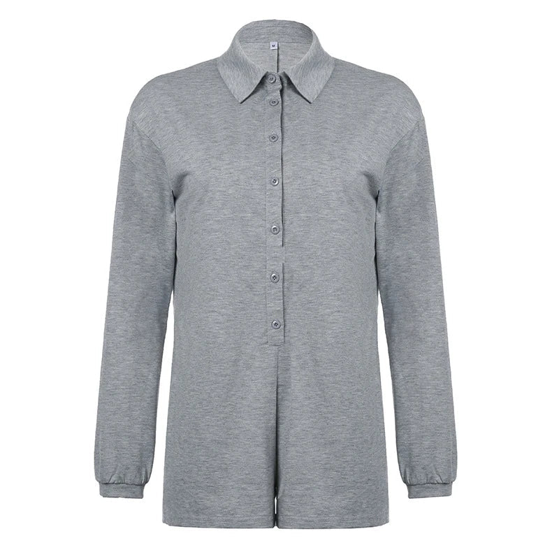 AIERTU  -  Casual Single-breasted Polo collar Loose Simple Long Sleeved Short Jumpsuits Street Gray Versatile Autumn Romper Clubwear Aiertu