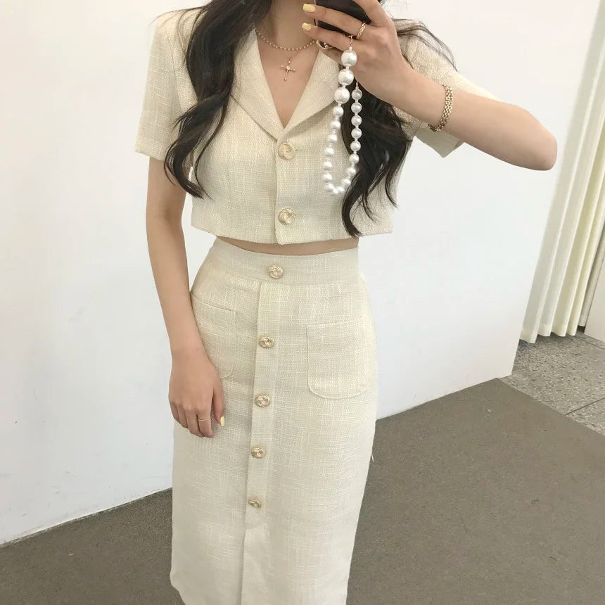 Aiertu Fashion Korea Elegant Lapel Thin Tweed Small Suit Short Jacket + High Waist Chic Button Slim Women Two Piece Skirt Sets Summer Aiertu