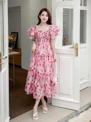 Aiertu Summer New Square Collar Pleated Long Dress French Style Butterfly Sleeve Elegant Sweet Print Dress Female Fashion Night Party Aiertu