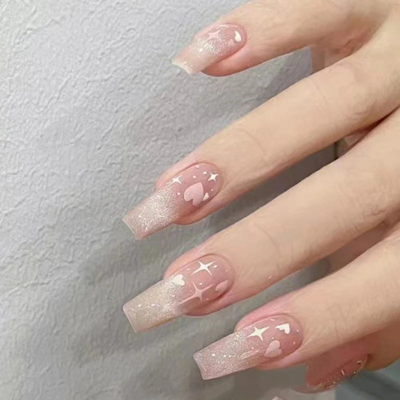 Aiertu 24Pcs Valentine Nails Press on Love Y2k Acrylic Nails Sparkle Butterfly French Cat Eye Almond Full Cover Stick on False Nail Tip Aiertu