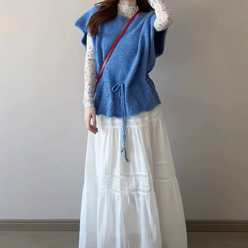 AIERTU  - Spring French Blue Short Sleeve Pullovers Batwing Sweaters New Design Drawstring Lace Up Women'S Wave Cut Knitted Tops Y2K Aiertu