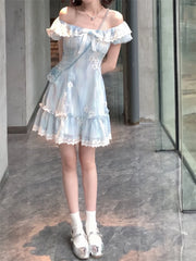 Aiertu Kawaii Japanese dress lolita y2k Sweet Blue Floral Dress Women Casual Evening Party One Piece Dress Korean Fashion Summer 2024 Aiertu